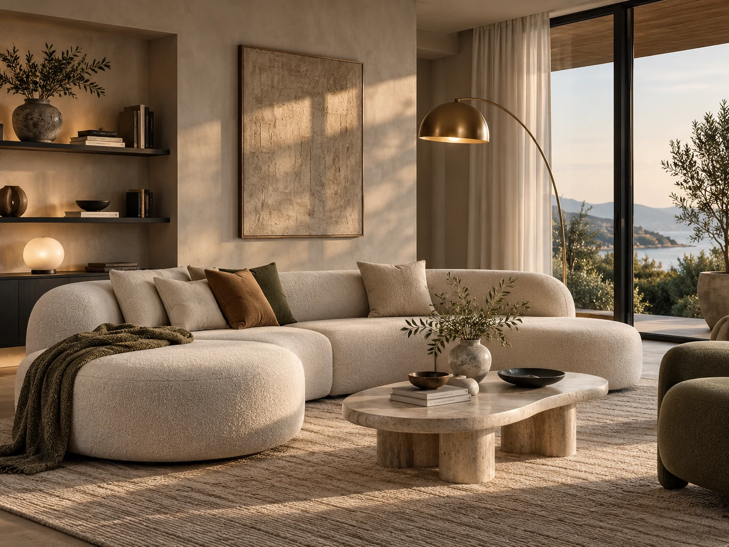 Ambiente hiper-realista com móveis e decoração contemporânea